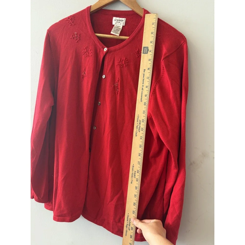 Liz Baker Cardigan Sweater Womens 1X Red Floral Embroidered Button Front Knit